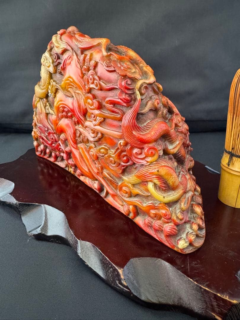 石材彫 龍 彫刻 置物 台座 魔除　風水 開運 金運 骨董 美術 アンティーク