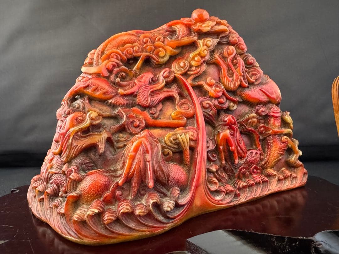 石材彫 龍 彫刻 置物 台座 魔除　風水 開運 金運 骨董 美術 アンティーク