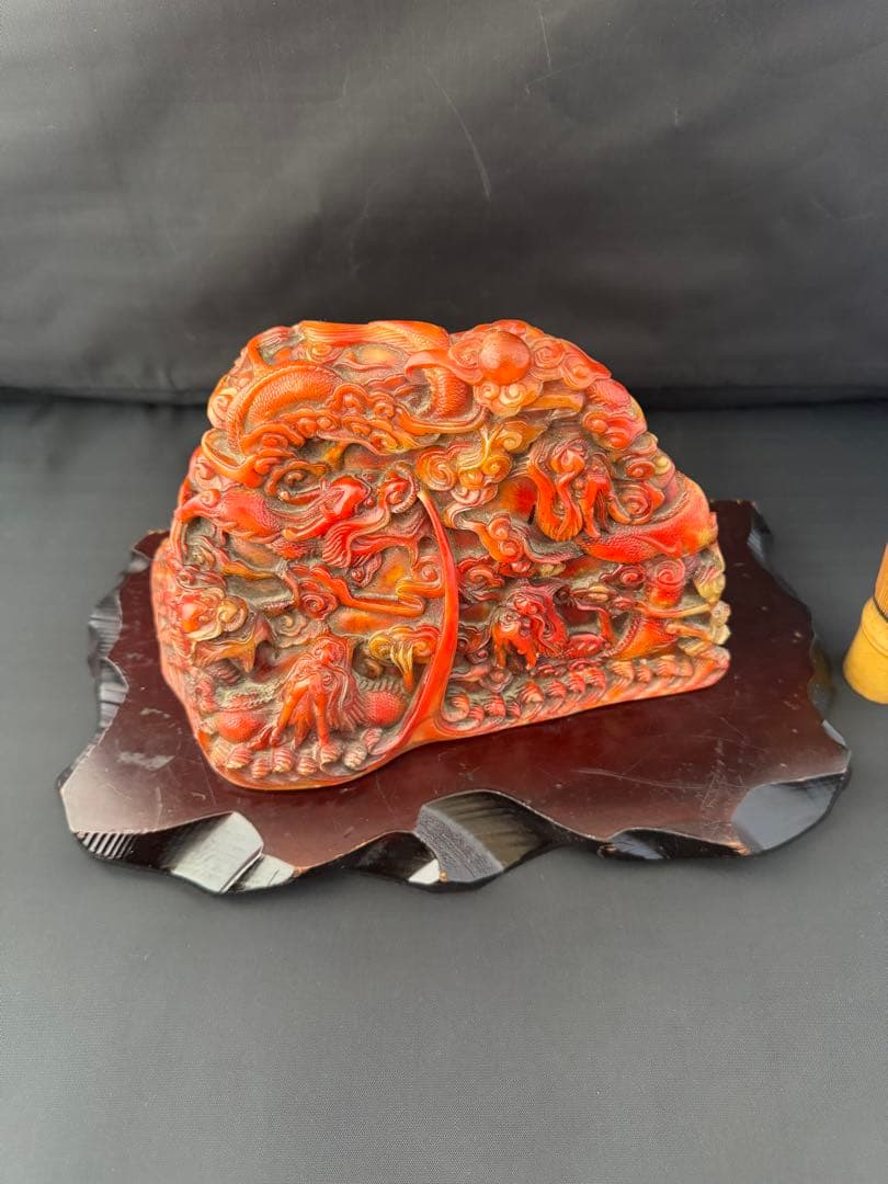 石材彫 龍 彫刻 置物 台座 魔除　風水 開運 金運 骨董 美術 アンティーク