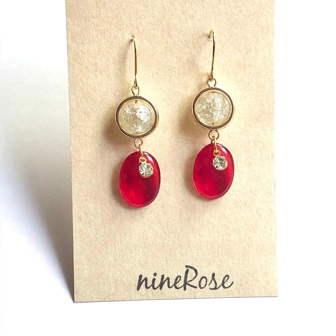 【581】レッド チェコビーズ ガラスビーズ ピアス イヤリング ゴールド