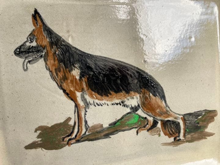 小石原焼　太田熊雄窯　太田孝宏作　黒柴犬　犬　飾り皿　一点