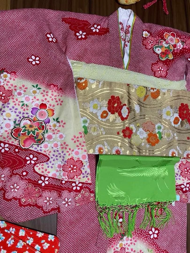 七五三 6歳　7歳　女の子着物　新品帯 正絹　フルセット　赤の鹿子柄　日本製
