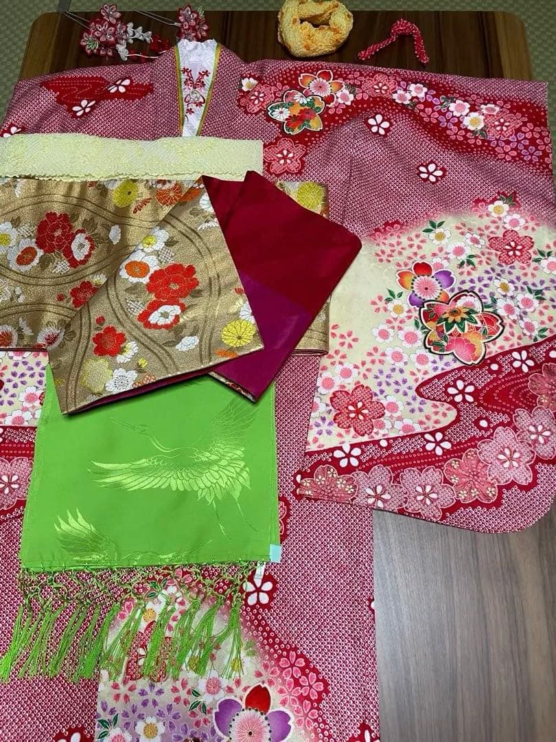 七五三 6歳　7歳　女の子着物　新品帯 正絹　フルセット　赤の鹿子柄　日本製