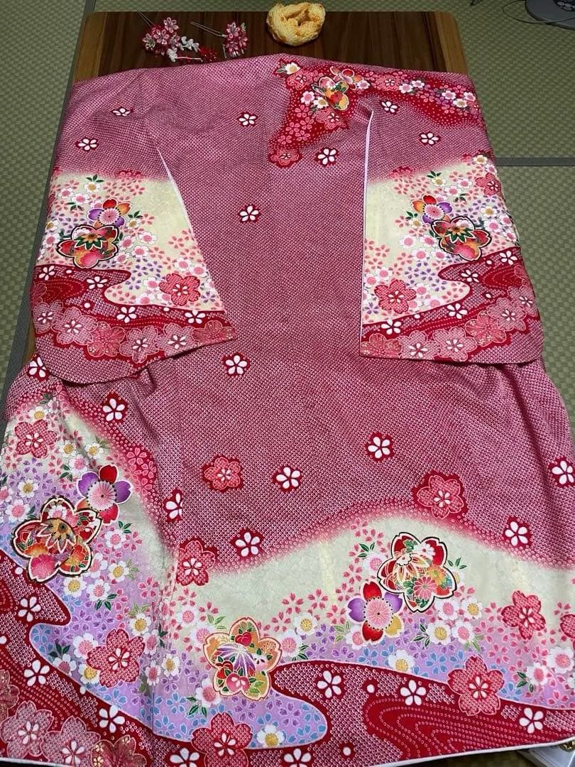 七五三 6歳　7歳　女の子着物　新品帯 正絹　フルセット　赤の鹿子柄　日本製