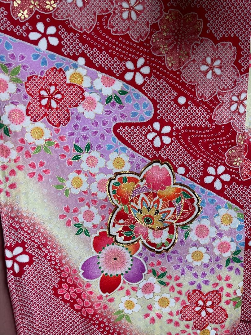 七五三 6歳　7歳　女の子着物　新品帯 正絹　フルセット　赤の鹿子柄　日本製