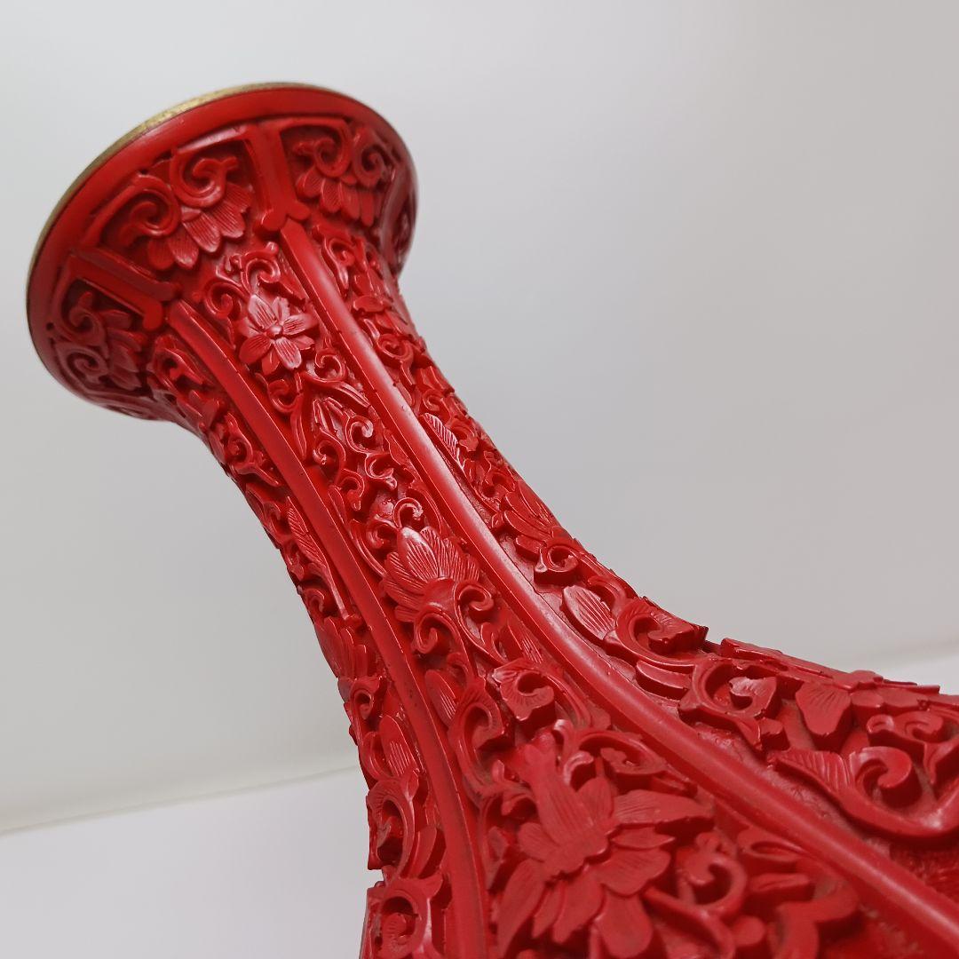 Y2551 中国 堆朱 6面花図 花瓶 高さ31.5㎝