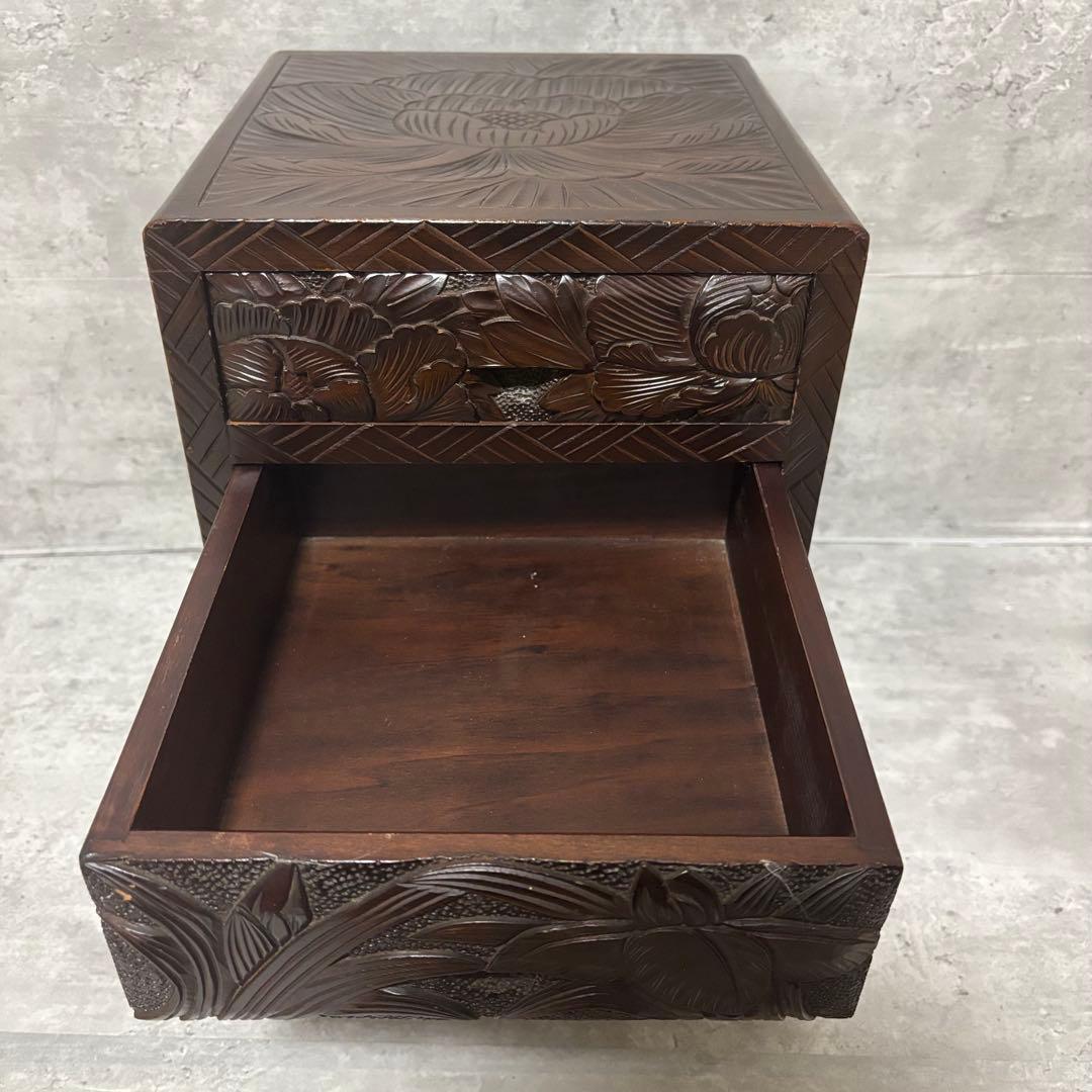 日光彫　軽井沢彫　小箪笥　引き出し　3段　伝統工芸　和家具　牡丹　菊　椿　水仙