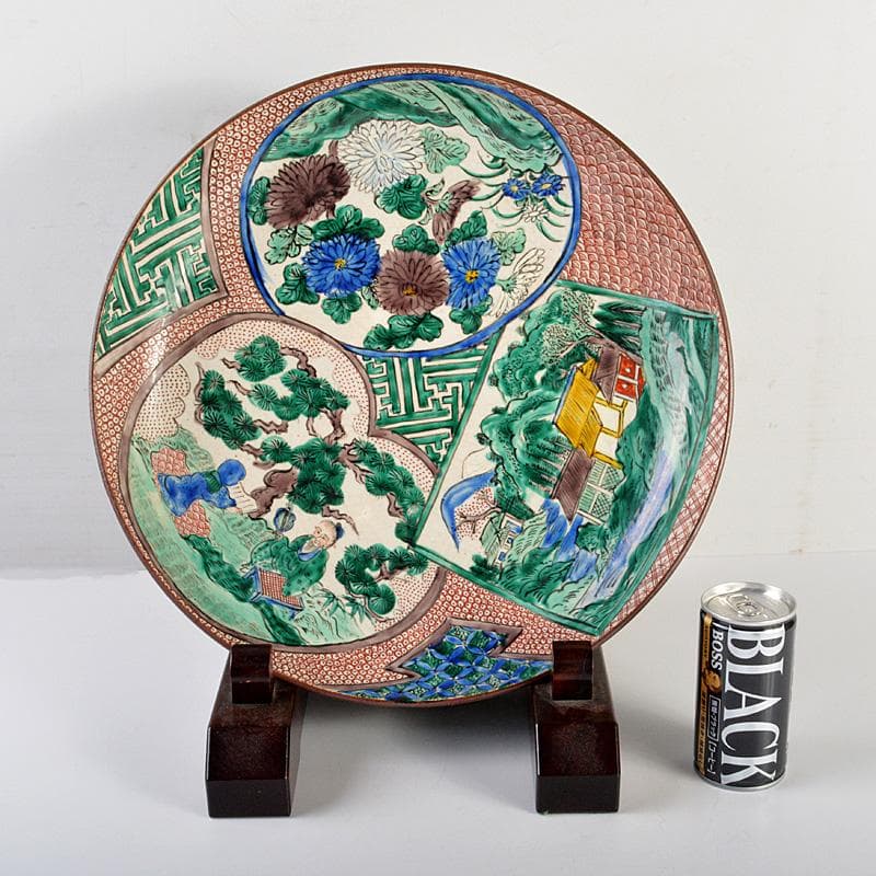 九谷焼　青手九谷　色絵　山水人物文　大皿　飾皿　直径約37㎝　M　6646C