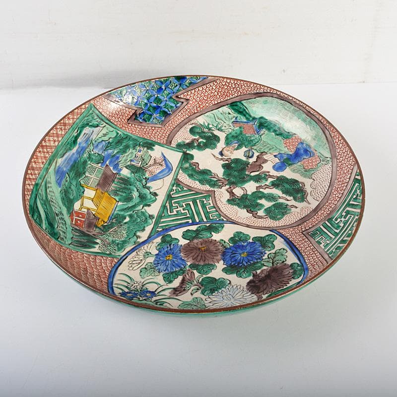 九谷焼　青手九谷　色絵　山水人物文　大皿　飾皿　直径約37㎝　M　6646C