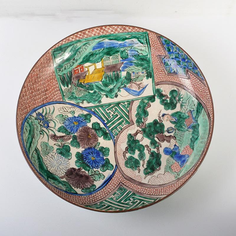 九谷焼　青手九谷　色絵　山水人物文　大皿　飾皿　直径約37㎝　M　6646C