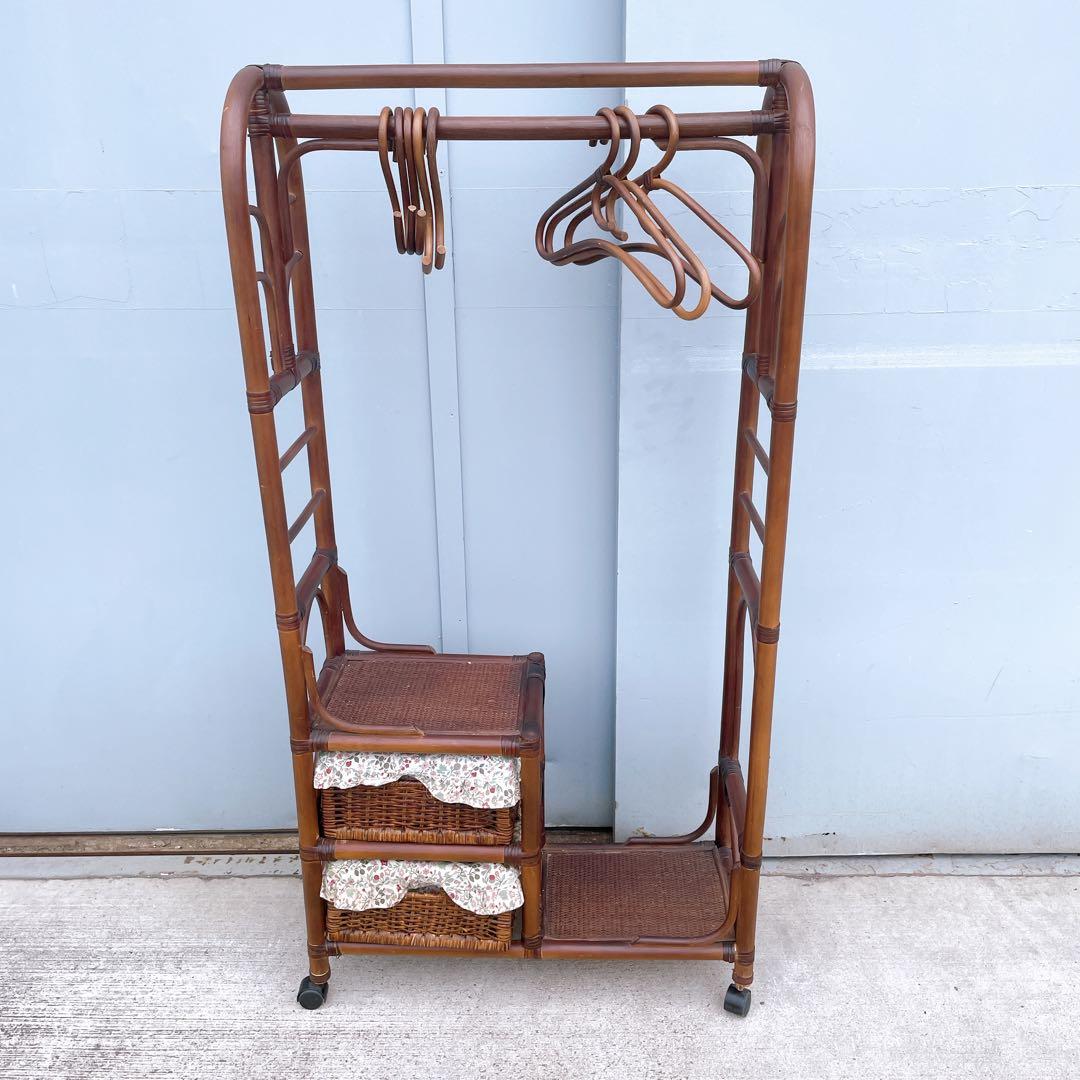 籐 ラタンハンガーラック 籐家具 アンティーク家具 キャスター付 昭和レトロ