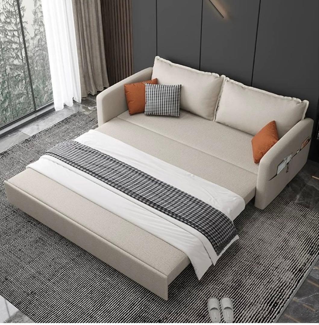 収納付きファブリックソファ ベージュ・グレー　ソファベッド