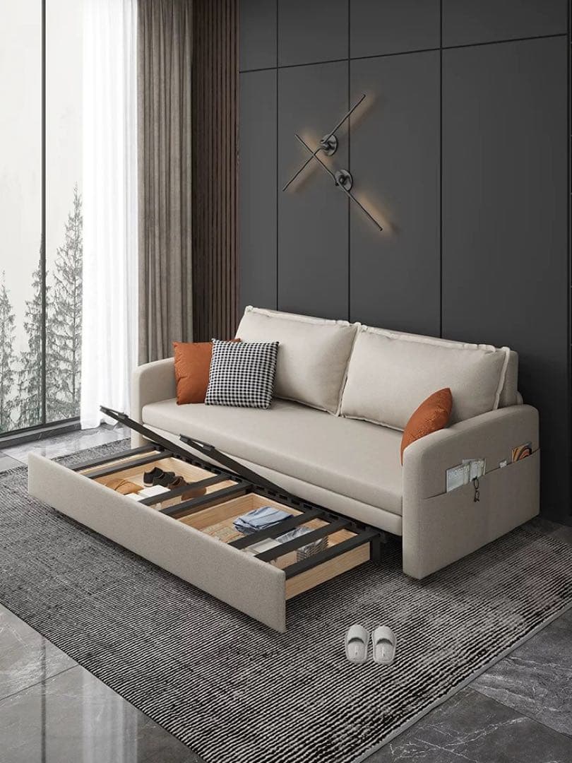 収納付きファブリックソファ ベージュ・グレー　ソファベッド