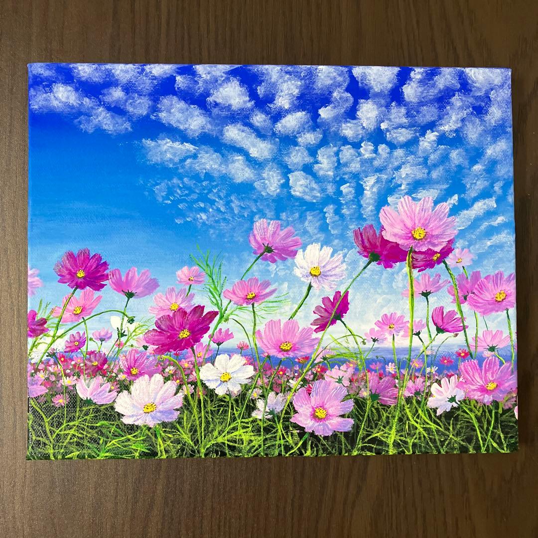 絵画 原画 風景画 花の絵 肉筆 キャンバス F3 『秋の海とコスモス畑