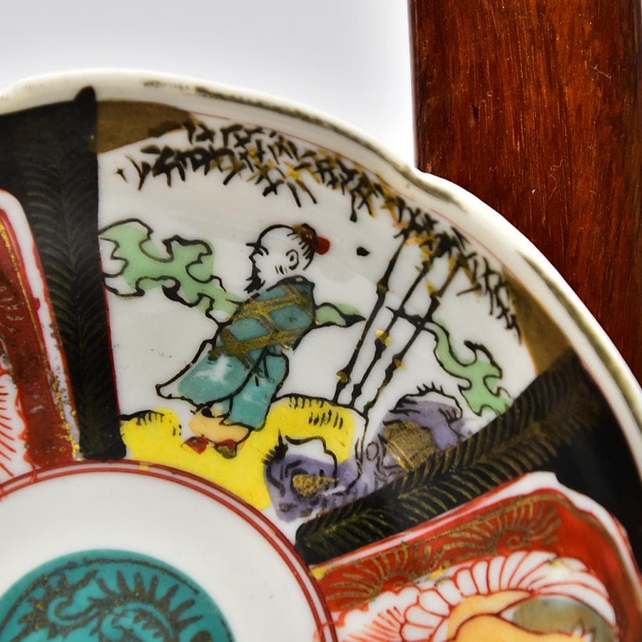 ● 江戸明治 五客小皿 手塩皿 古伊万里 色絵錦出金蘭手 賢人鳳凰 見込に唐草