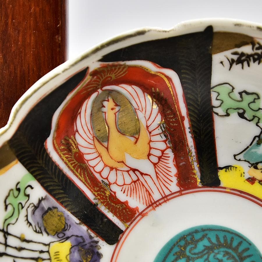 ● 江戸明治 五客小皿 手塩皿 古伊万里 色絵錦出金蘭手 賢人鳳凰 見込に唐草