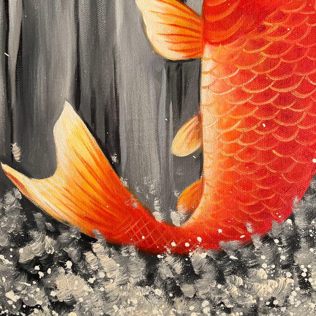 手書き油絵 鯉の滝登り 額付き 肉筆絵画 インテリア 油彩画