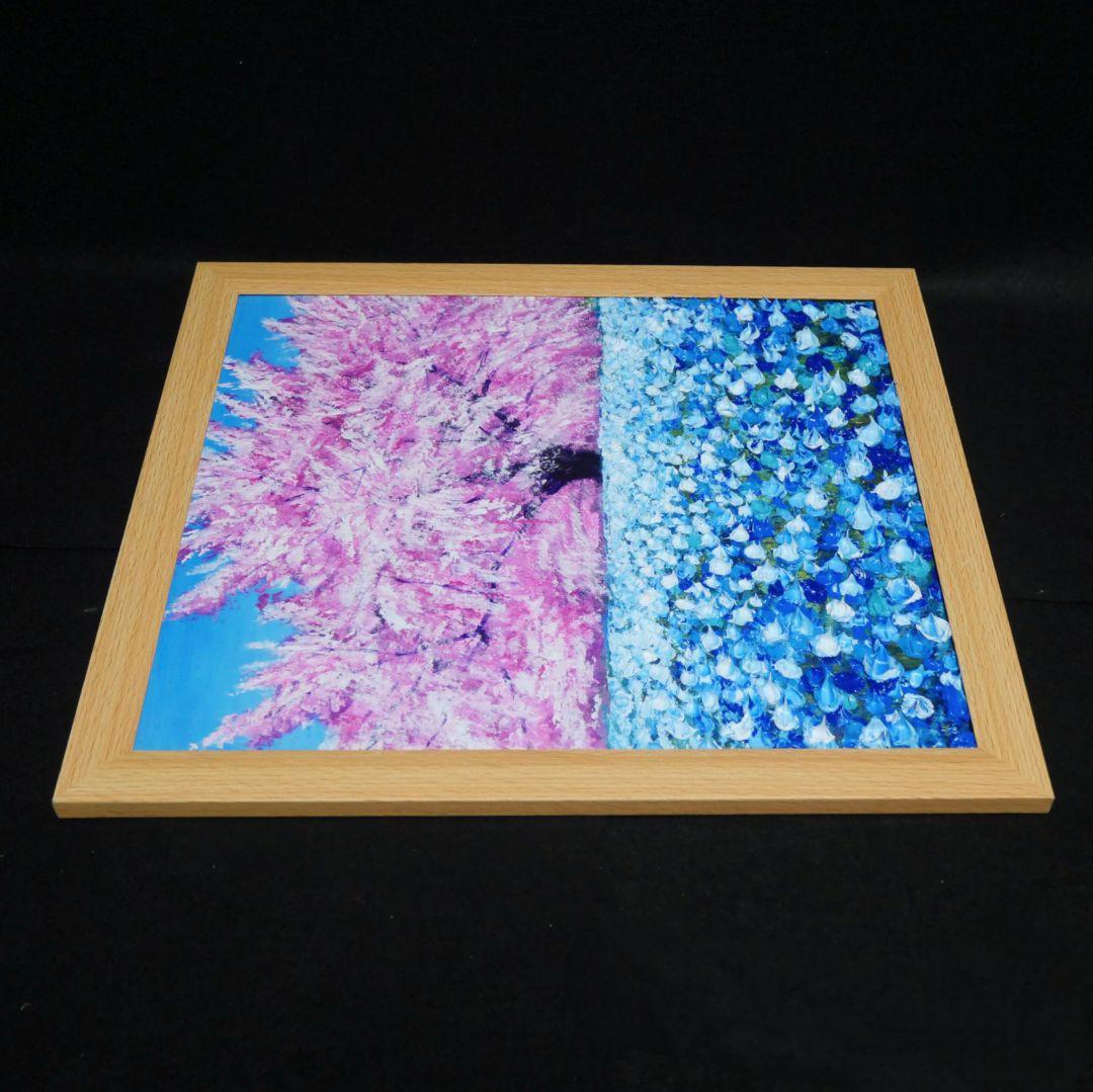 油絵 油彩 油彩画 絵 絵画【桜とネモフィラ】