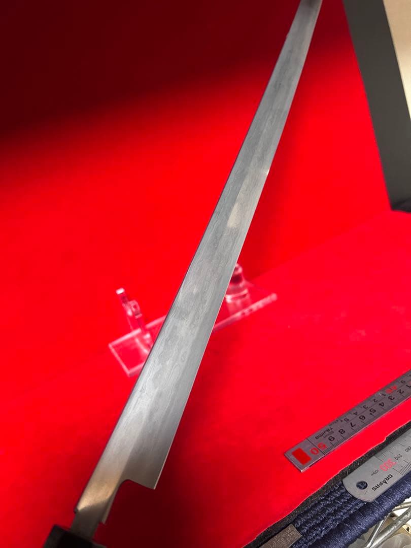 包丁　マグロ包丁　銘有り　玉鋼　甲伏鍛　墨流　地肌綺麗　刃文綺麗　未使用品