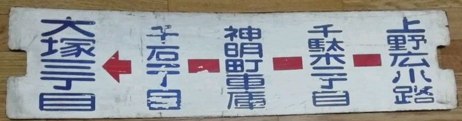 電車　看板　都電　方向板　上野広小路→大塚三丁目、上野広小路→池袋