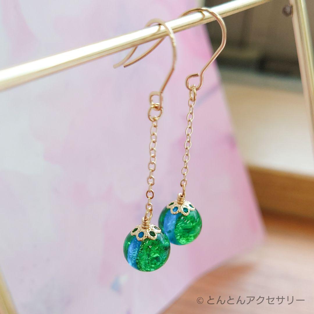 D397 蓄光とんぼ玉ピアス ホタルガラス イヘヤマリン