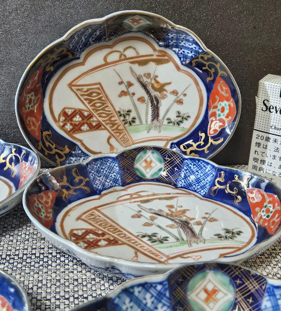 江戸末期～明治初期　古伊万里　錦手　金彩色絵　梅に鶯図　舟形皿5客 17.1cm