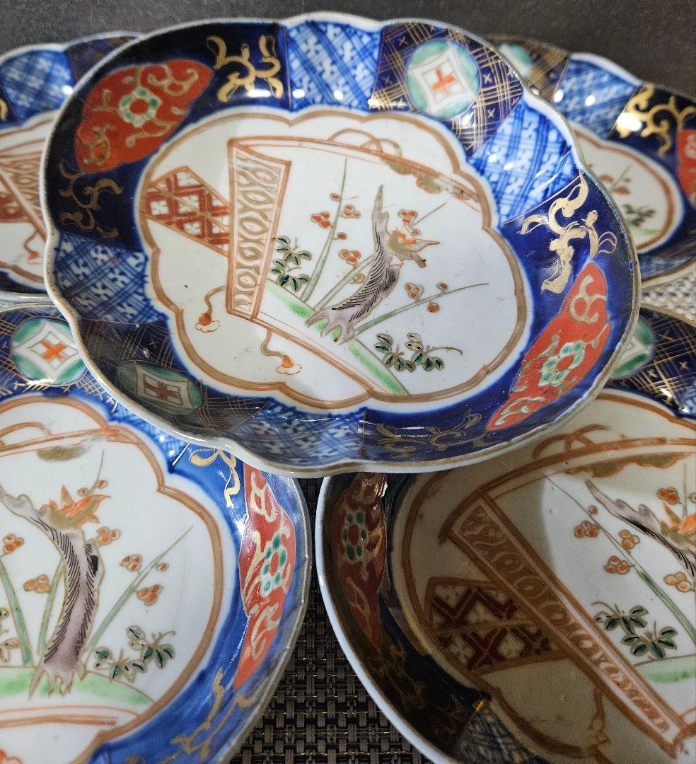 江戸末期～明治初期　古伊万里　錦手　金彩色絵　梅に鶯図　舟形皿5客 17.1cm