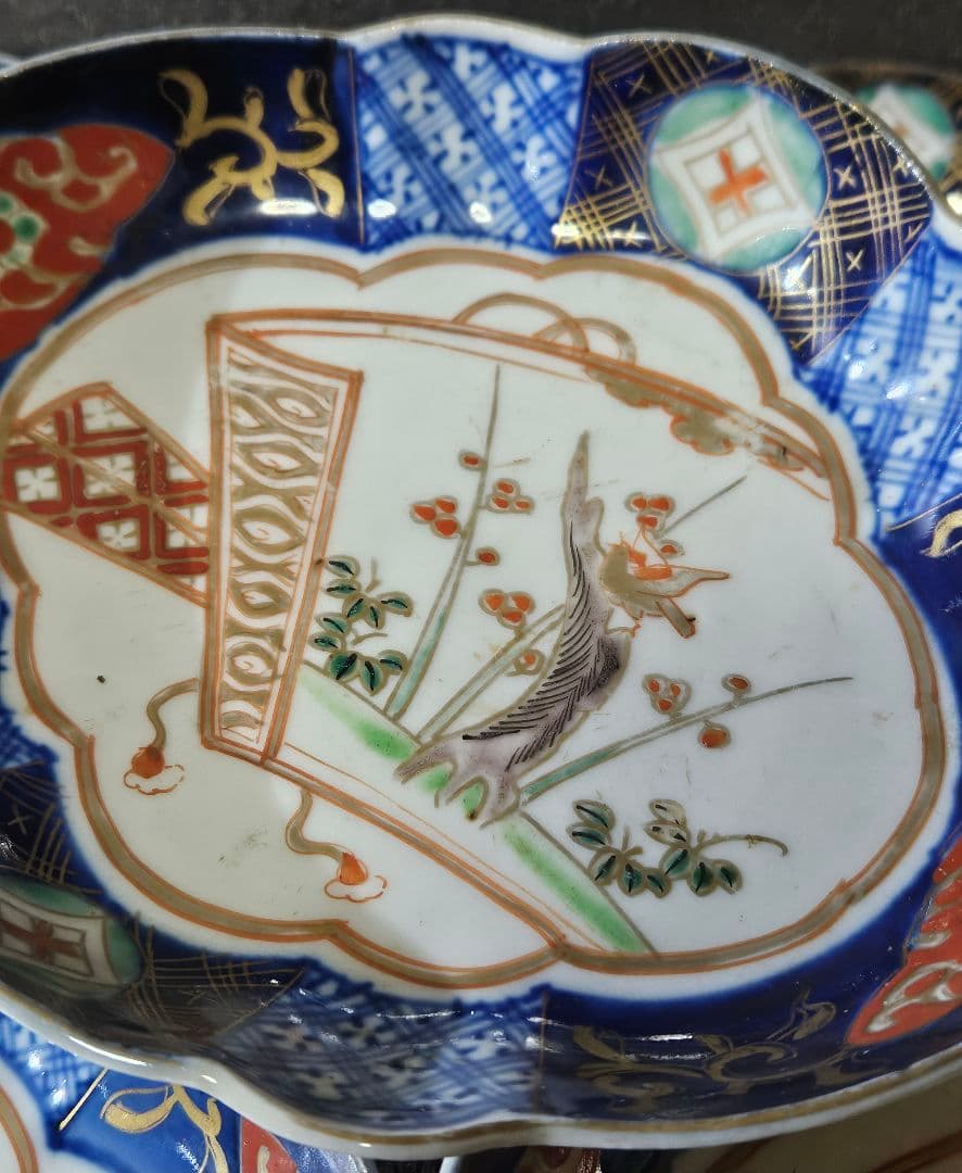 江戸末期～明治初期　古伊万里　錦手　金彩色絵　梅に鶯図　舟形皿5客 17.1cm