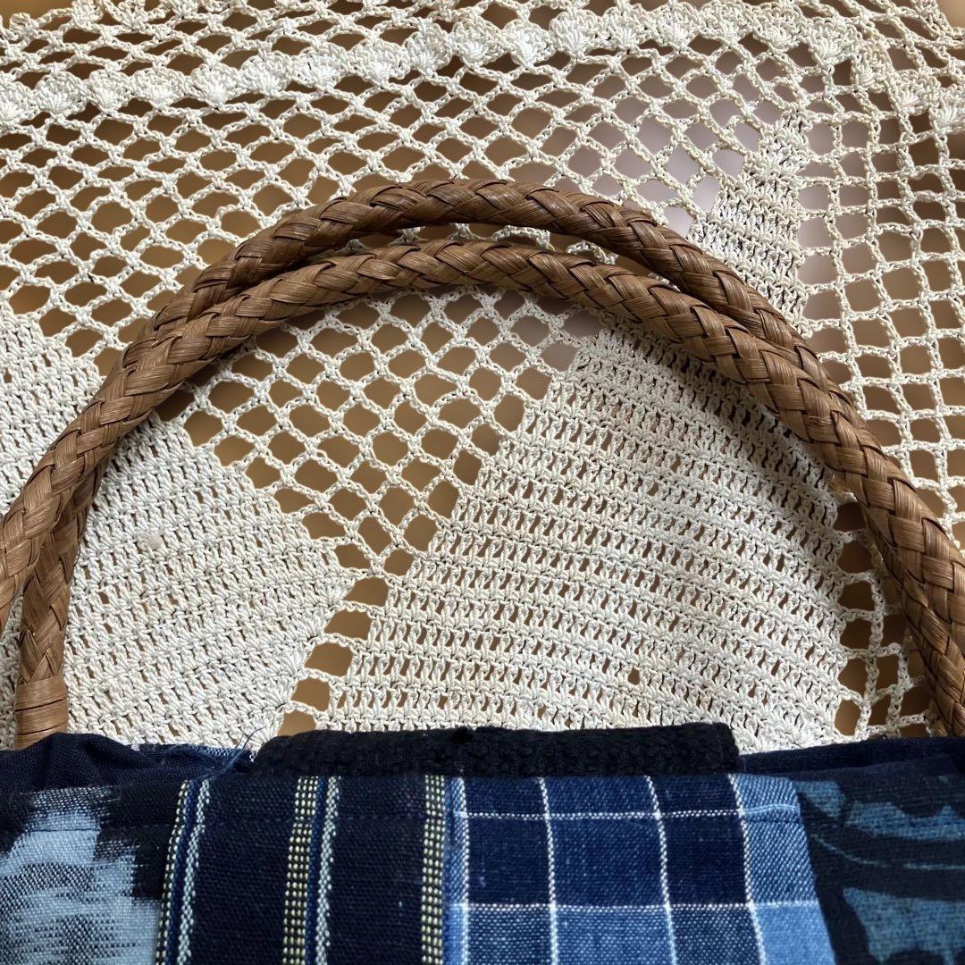 山葡萄持ち手バック手提げ庄内刺し子格子木綿型染め雪ん子浅葱藍染め