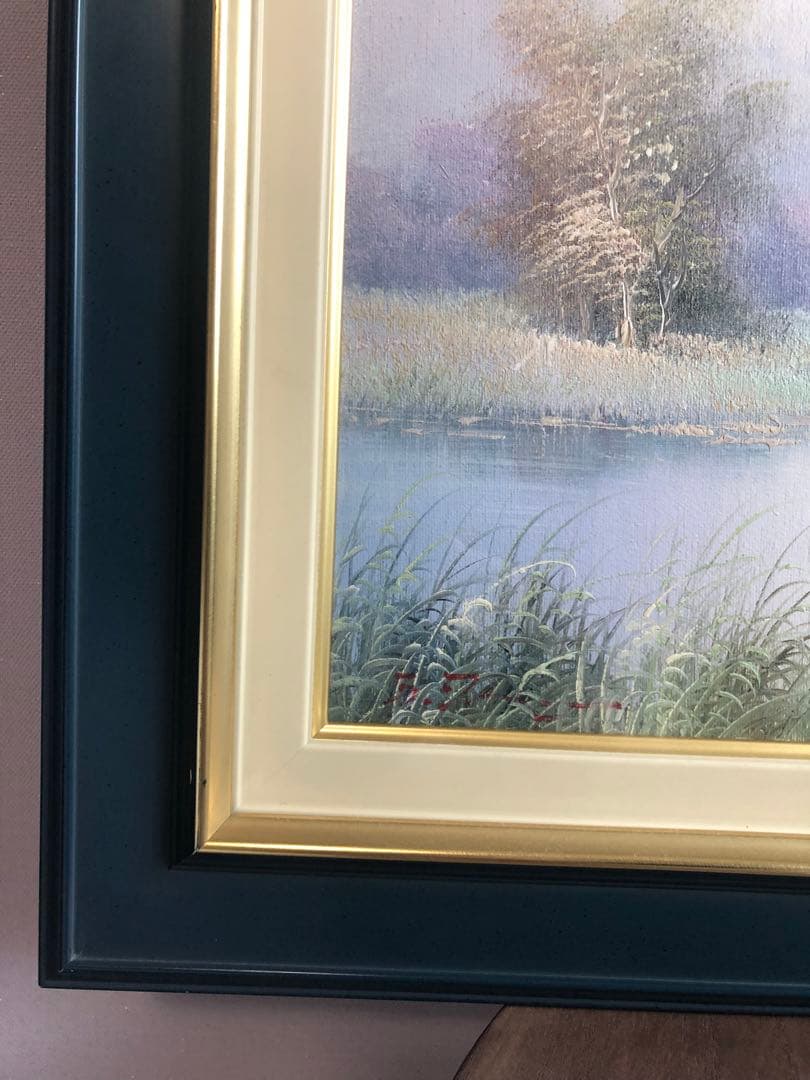 絵画　風景画　 湖畔　鴨　インテリア　額　パステルカラー　ほとり