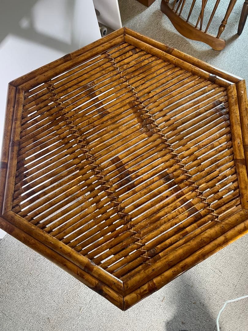 昭和レトロ 高級ラタン 六角形 折りたたみテーブル 籐家具