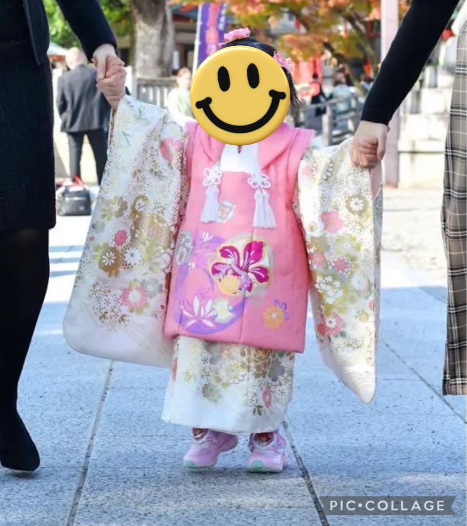 七五三 3歳 女の子 高級絹100％ 被布セット 呉服店購入 金彩 花柄 美品