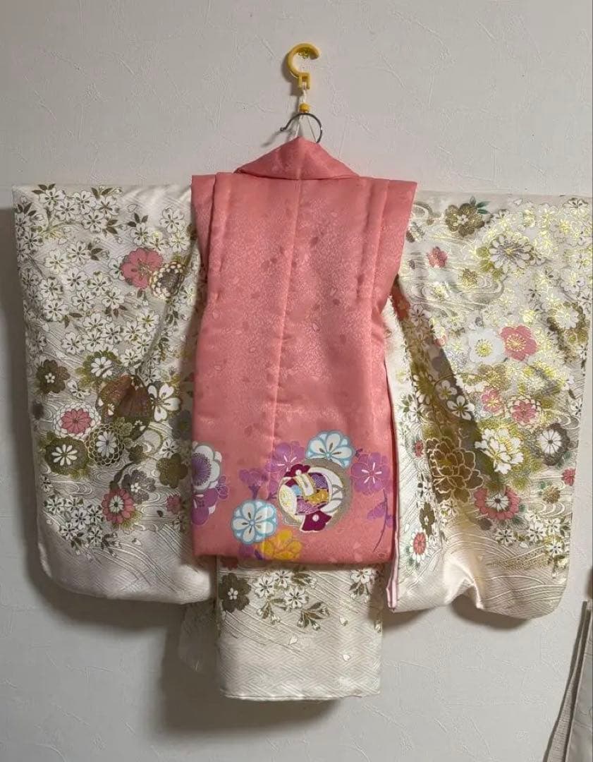 七五三 3歳 女の子 高級絹100％ 被布セット 呉服店購入 金彩 花柄 美品