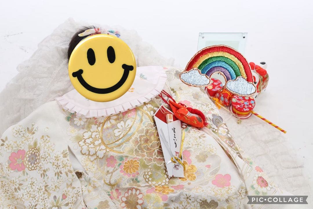 七五三 3歳 女の子 高級絹100％ 被布セット 呉服店購入 金彩 花柄 美品