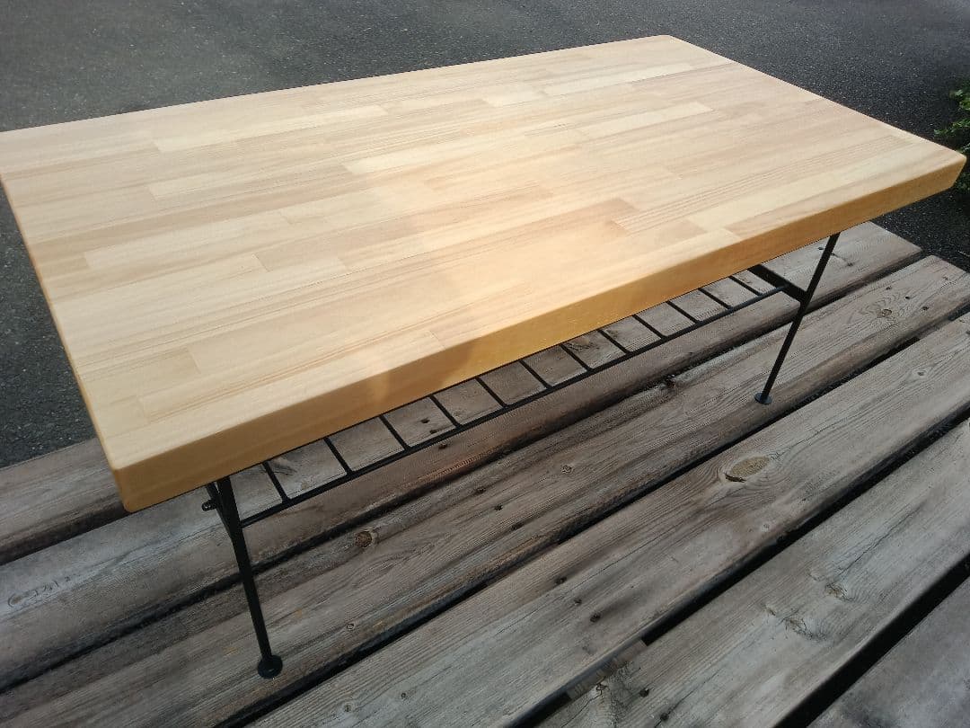 パイン集成材蜜蝋ワックス塗装木製アイアンテーブル