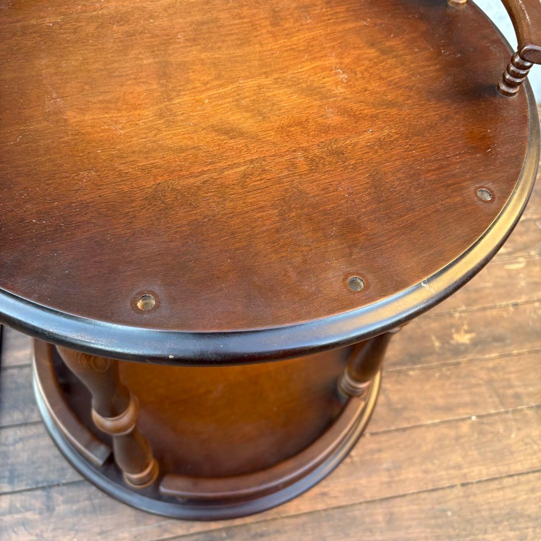 昭和レトロ 飛騨産業 キツツキマーク 木製ワゴン 2段 円形 サービングワゴン