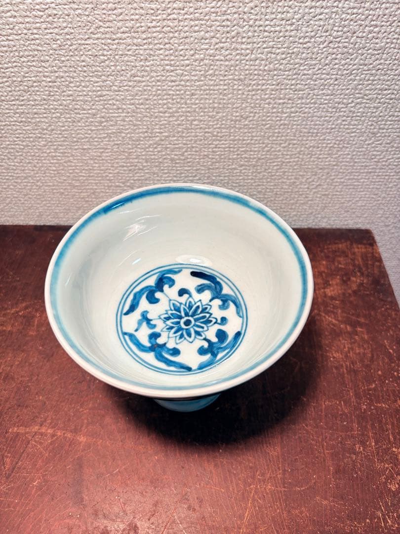 中国 染付 お碗 宣徳年製銘 青花 酒杯 高足碗 古