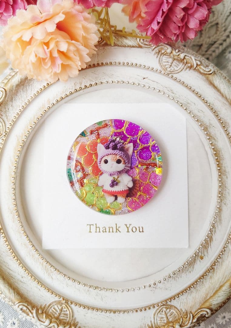 レジン猫手書きヘアゴムブローチポニーフックNo.237