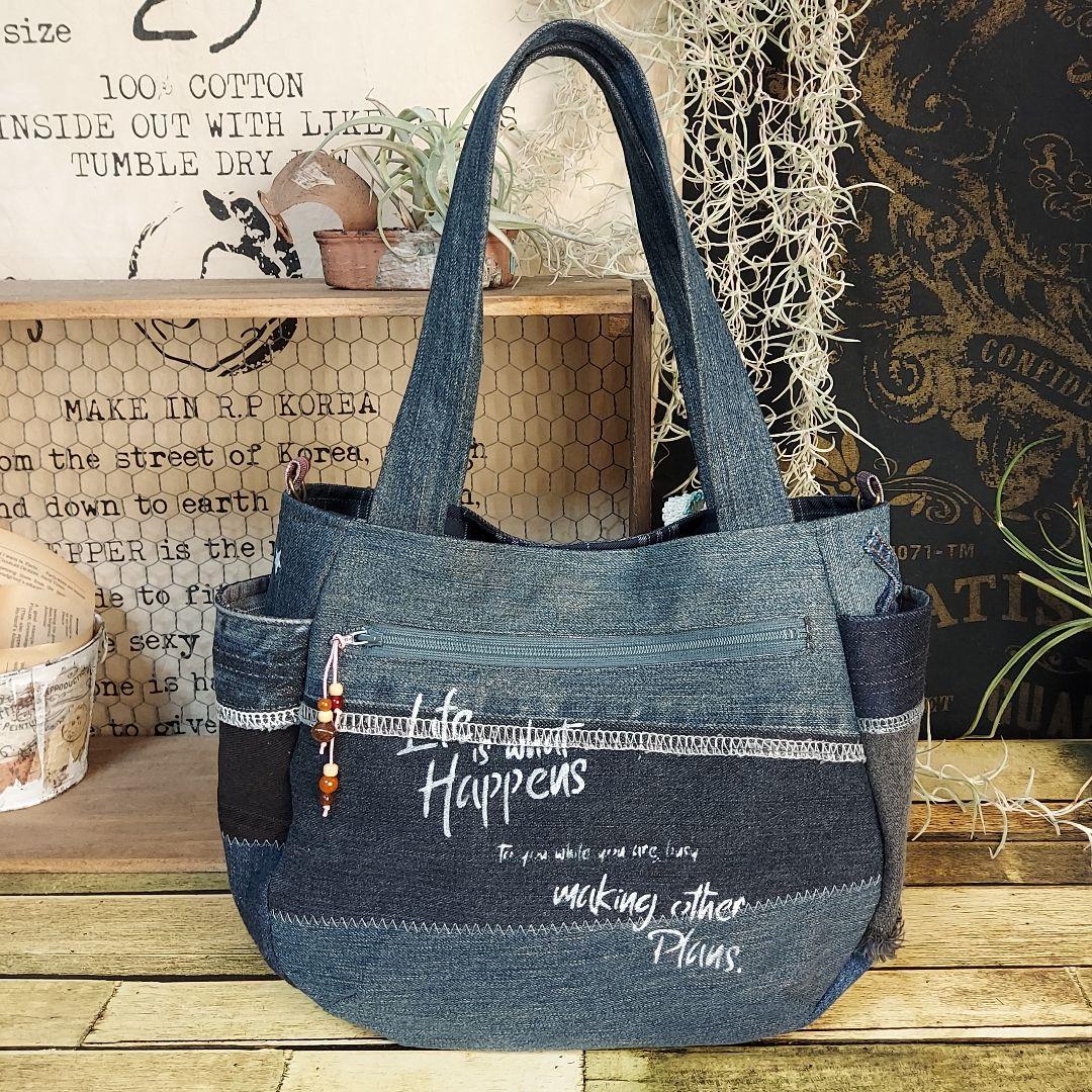刺繍デニムバック　No.676　デニムリメイク　刺繍バック　丸いバック