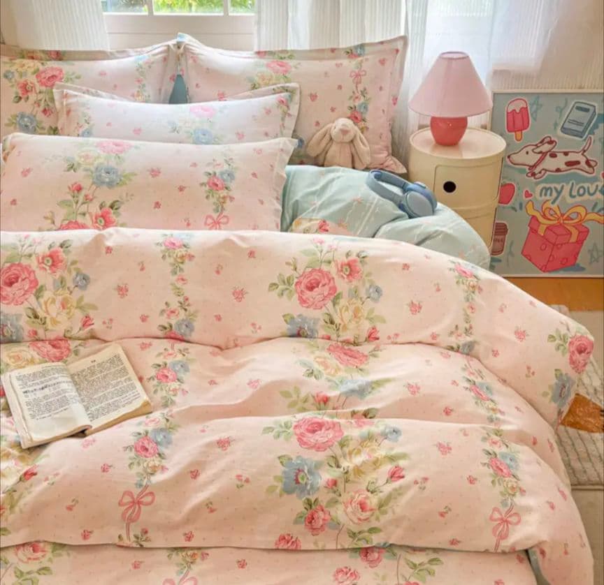 新品★薔薇水玉リボンロマンチック！綿100%シングルカバーセット枕カバー２枚付