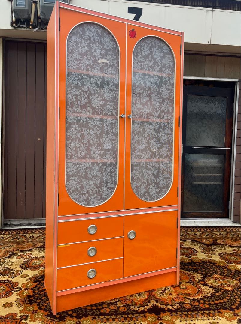 アーチ型 食器棚 オレンジ 昭和レトロ レトロポップ インテリア 当時物