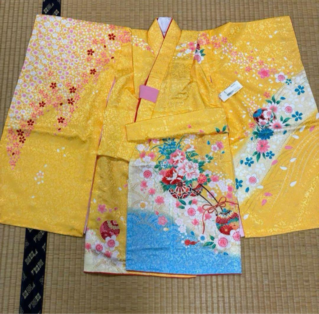 七五三　3歳女の子着物　新品　２点セット　鮮やか黄色　水色　花車　手毬　日本製