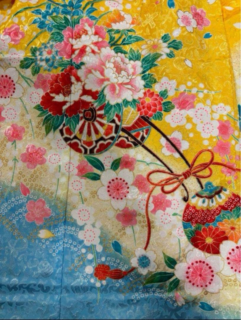 七五三　3歳女の子着物　新品　２点セット　鮮やか黄色　水色　花車　手毬　日本製