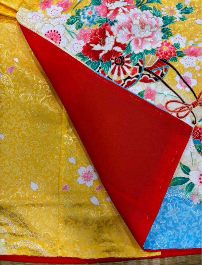 七五三　3歳女の子着物　新品　２点セット　鮮やか黄色　水色　花車　手毬　日本製