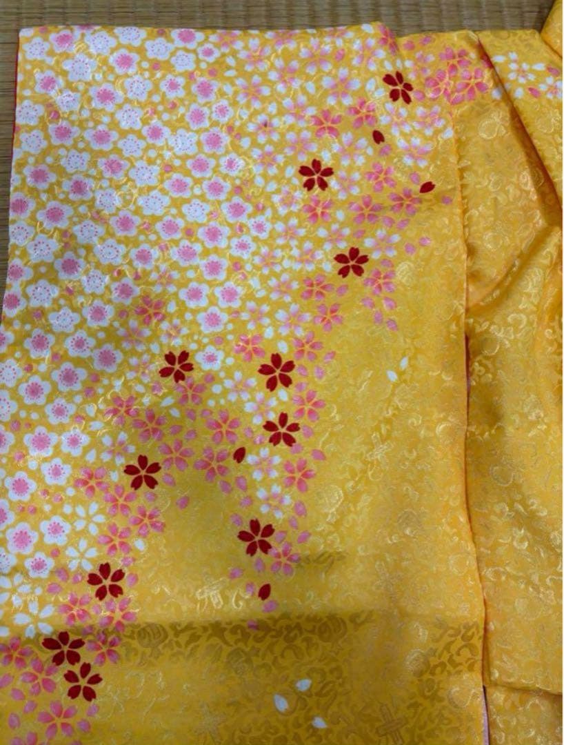 七五三　3歳女の子着物　新品　２点セット　鮮やか黄色　水色　花車　手毬　日本製