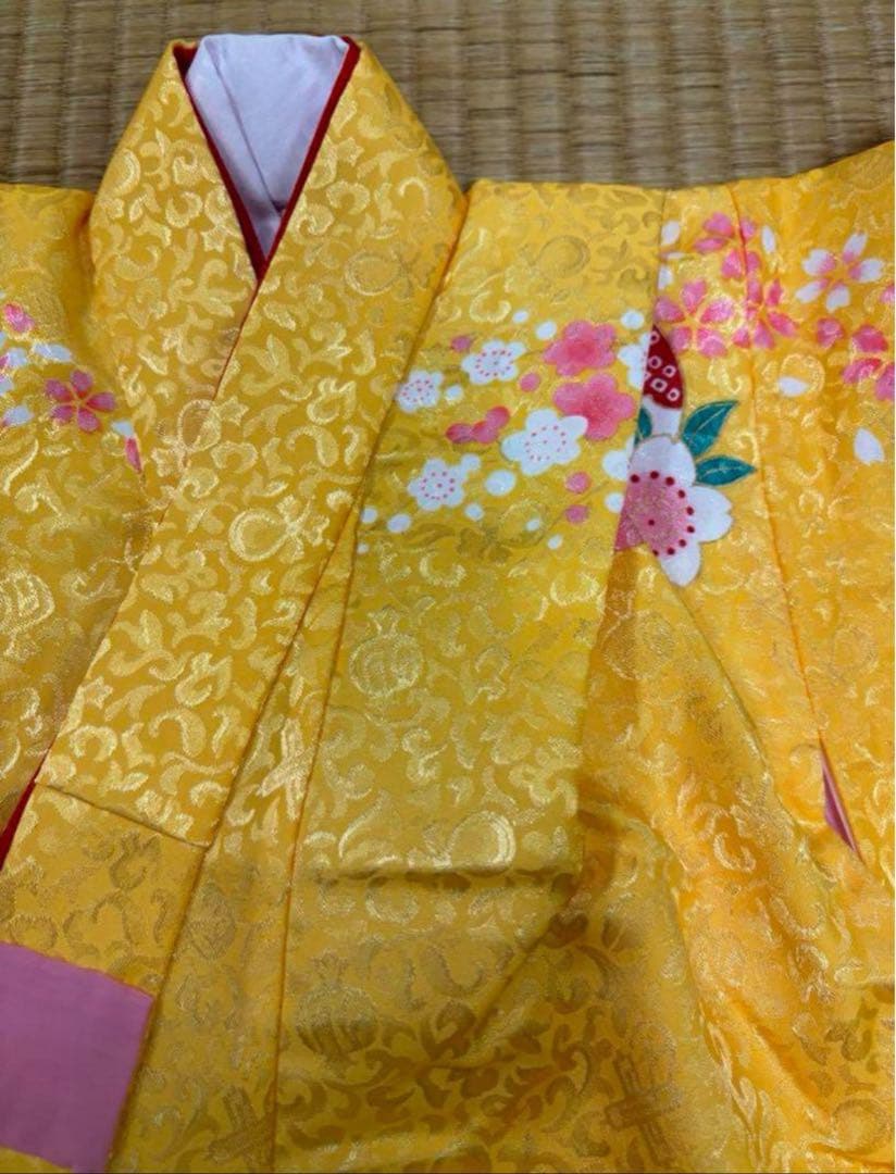 七五三　3歳女の子着物　新品　２点セット　鮮やか黄色　水色　花車　手毬　日本製