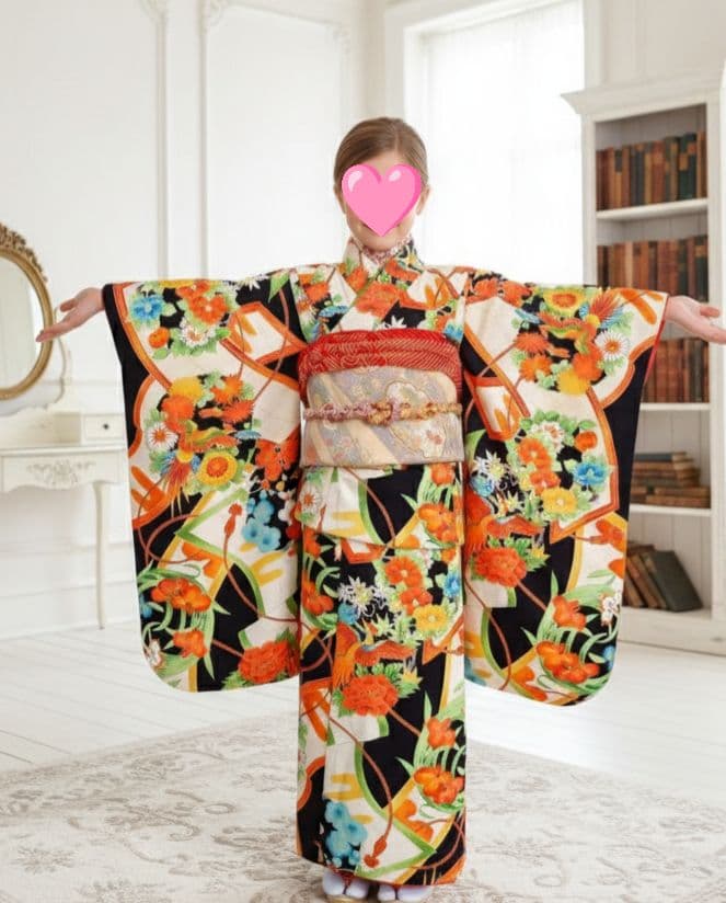 専用です☆アンティーク黒色に鮮やかな模様の着物に作り帯