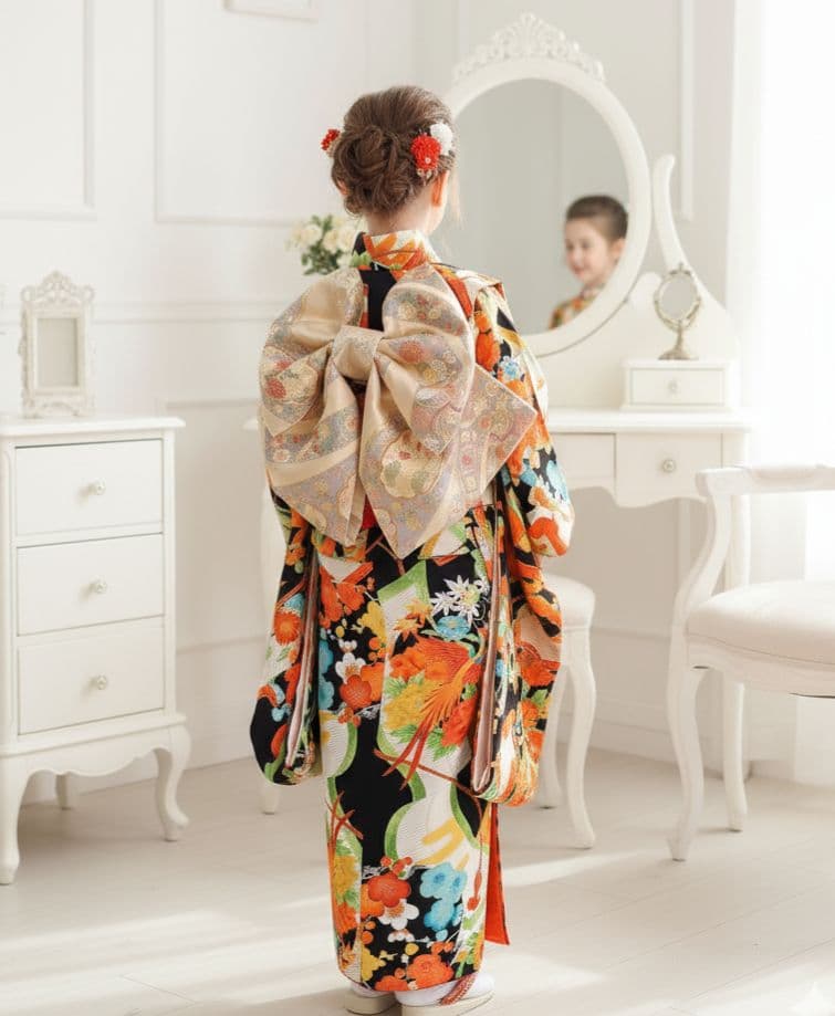 専用です☆アンティーク黒色に鮮やかな模様の着物に作り帯