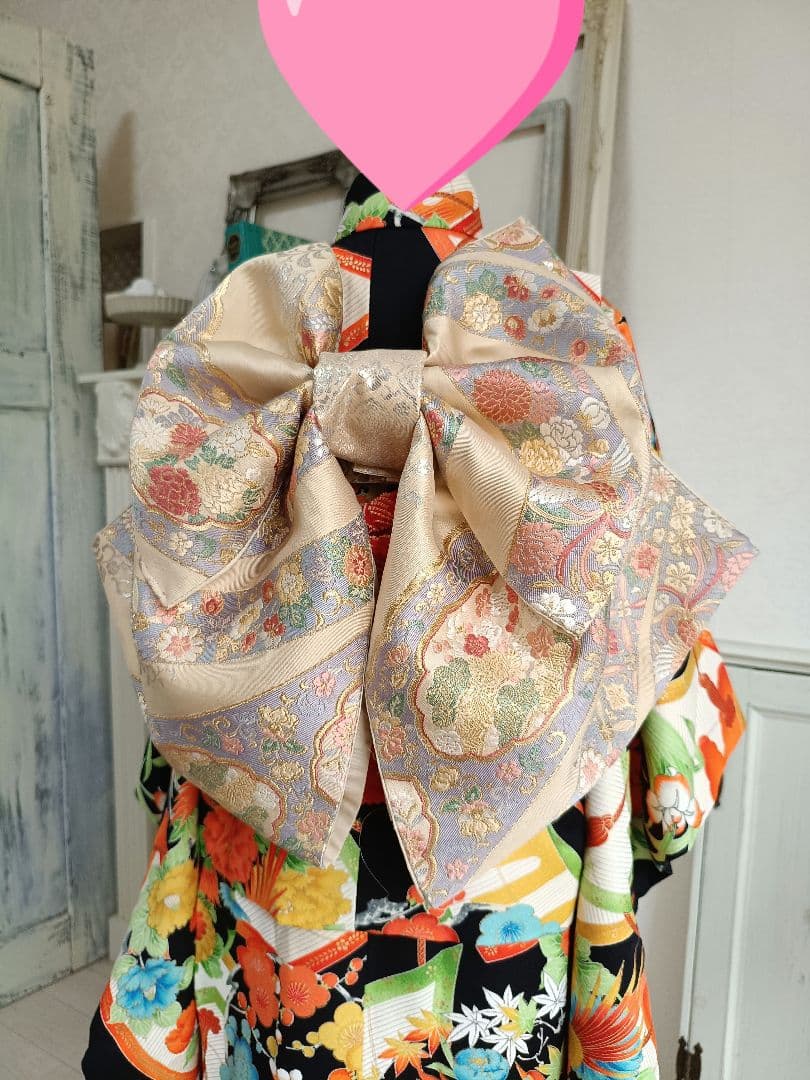 専用です☆アンティーク黒色に鮮やかな模様の着物に作り帯