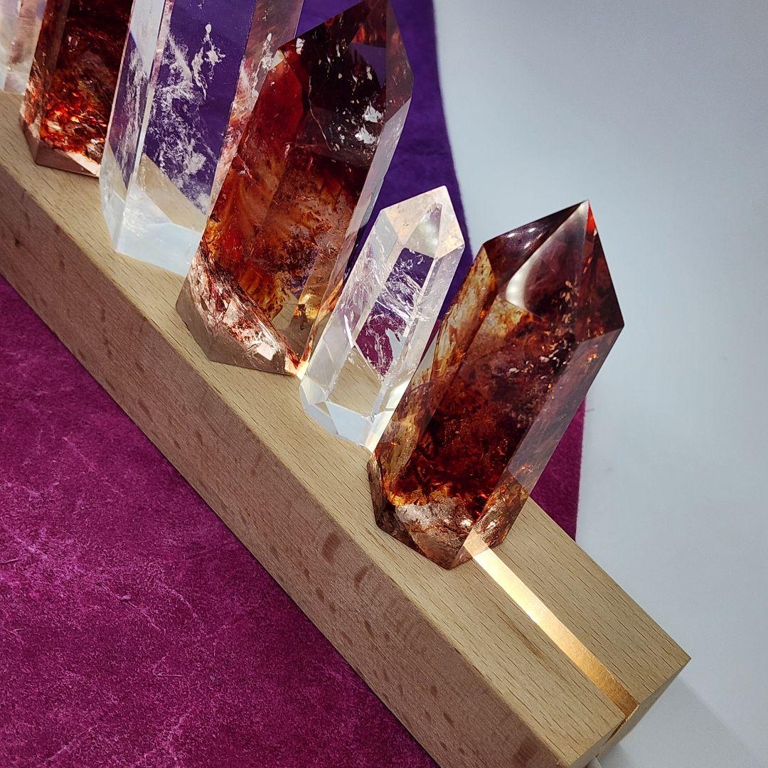 【天然石】ファイヤークォーツ＆水晶 ポイント7本セット LEDライト台座付き